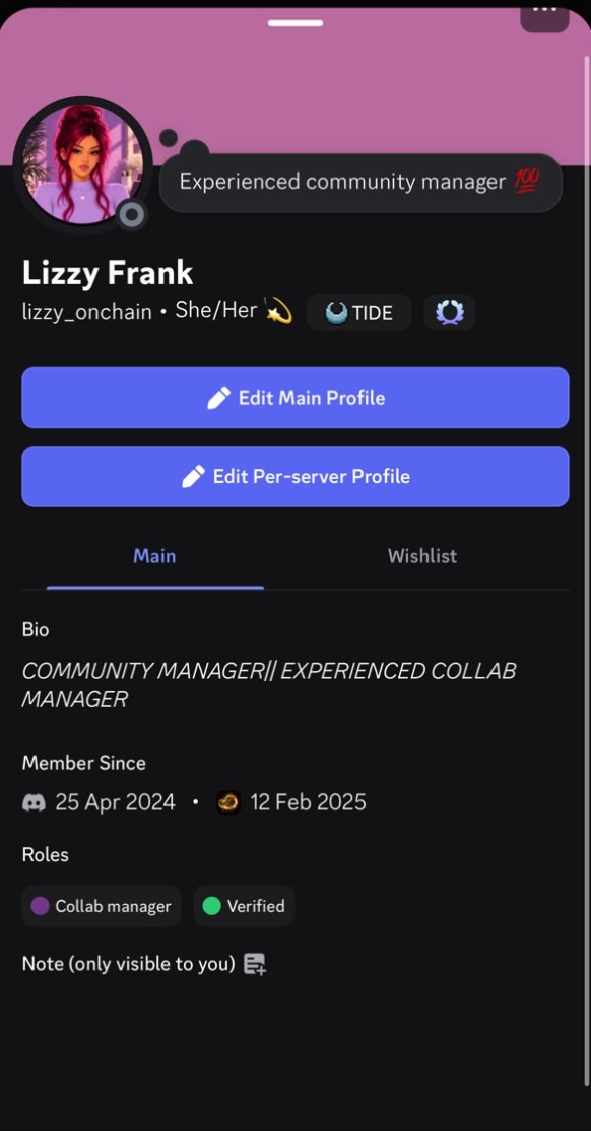 Discord profile showing Collab manager role