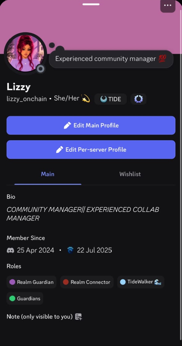 Discord profile showing Realm Guardian, Realm Connector and TideWalker roles