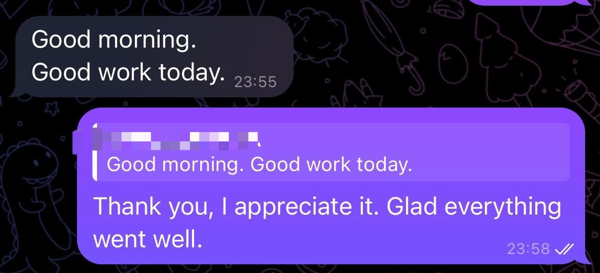 Client message: good work today